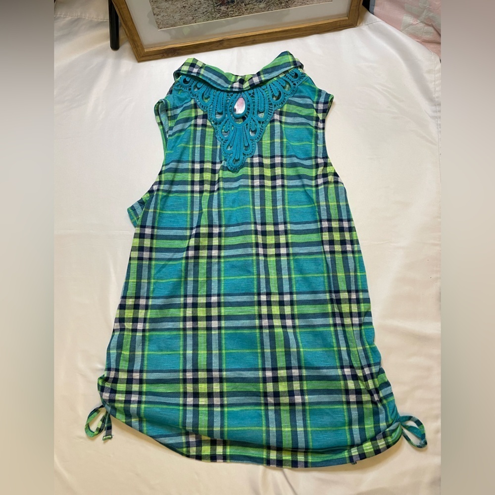 No Boundaries size XL blue and green plaid button up tankl top - Picture 3 of 5